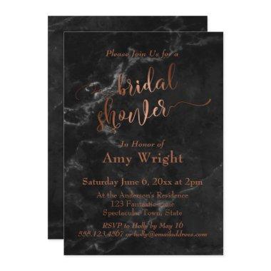 Elegant Copper Script Bridal Shower Black Marble Invitations