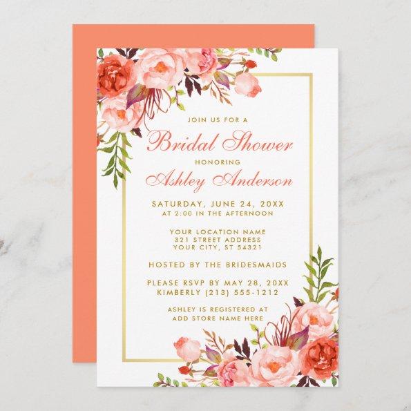 Elegant Coral Floral Gold Bridal Shower Invitations