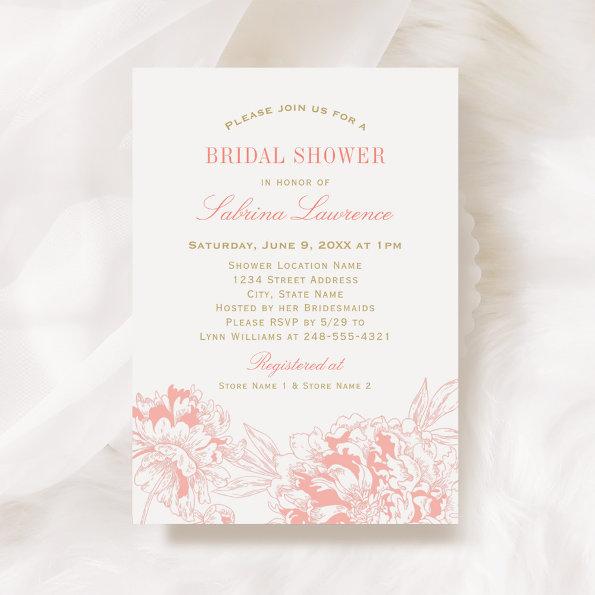 Elegant Coral Floral Peony Wedding Bridal Shower Invitations