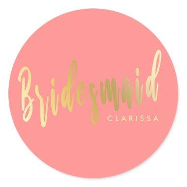 Elegant coral & gold bridesmaid classic round sticker