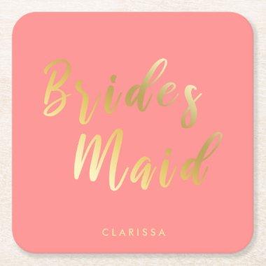 Elegant coral & gold bridesmaid square paper coaster
