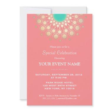 Elegant Coral Pink and Gold Circle Motif Party Invitations