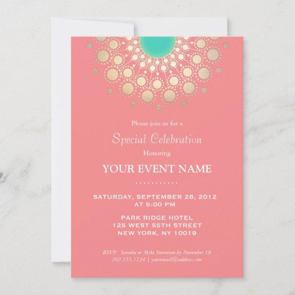 Elegant Coral Pink and Gold Circle Motif Party Invitations