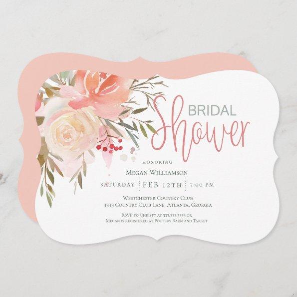 Elegant Coral Pink Peach Floral Bridal Shower Inv Invitations