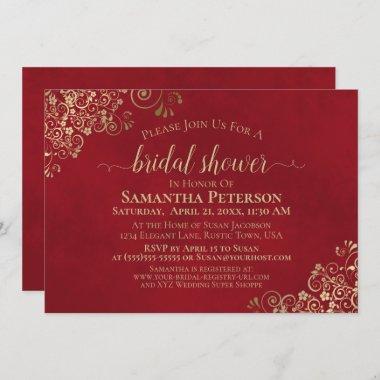 Elegant Crimson Red & Gold Lace Bridal Shower Invitations