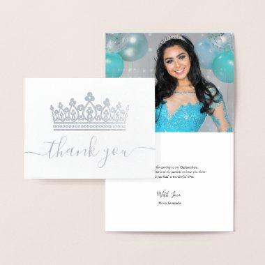 Elegant Crown Photo Quinceanera Thank You Silver Foil Invitations