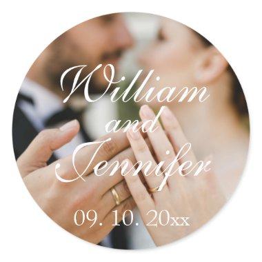 Elegant Customize Photo, Name, and Date Monogram Classic Round Sticker