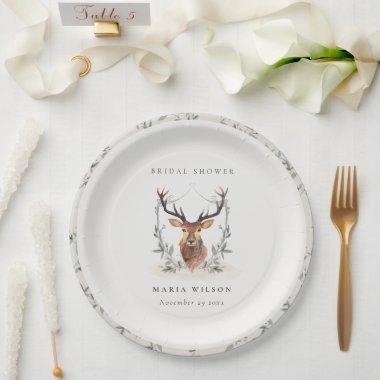Elegant Cute Dusky Deer Floral Crest Bridal Shower Paper Plates