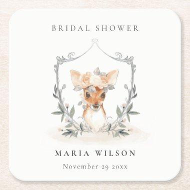 Elegant Cute Dusky Deer Floral Crest Bridal Shower Square Paper Coaster