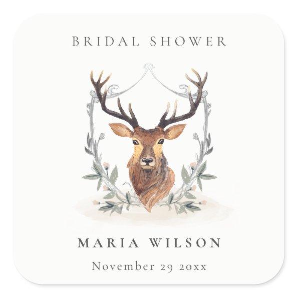 Elegant Cute Dusky Deer Floral Crest Bridal Shower Square Sticker