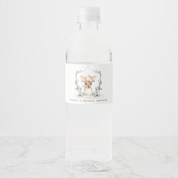 Elegant Cute Dusky Deer Floral Crest Bridal Shower Water Bottle Label