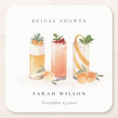 Elegant Cute Fruit Cocktail Orange Bridal Shower Square Paper Coaster