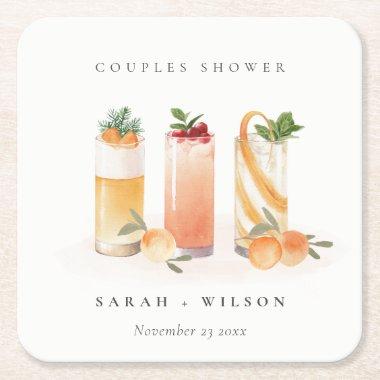 Elegant Cute Fruit Cocktail Orange Couples Shower Square Paper Coaster