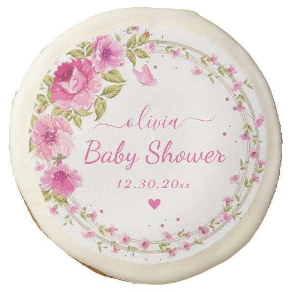 Elegant Cute Pink Floral Baby Shower Bridal Shower Sugar Cookie
