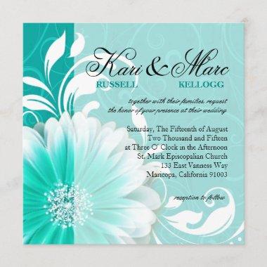 Elegant Daisy Scroll Flourish | turquoise Invitations