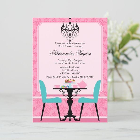 Elegant Damask and Chandelier Pink Aqua Tea Party Invitations