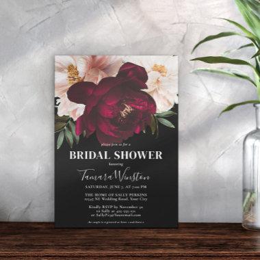 Elegant Dark Burgundy & Blush Floral Black Shower Invitations