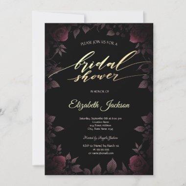Elegant Dark Burgundy Roses Black Bridal Shower Invitations
