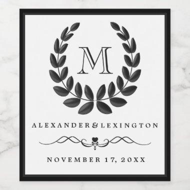 Elegant Dark Grey Monogram Laurel Wreath Wedding Wine Label