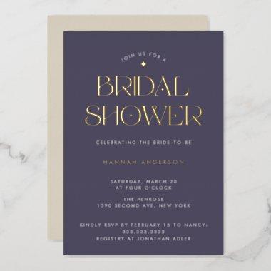Elegant Dark Purple Gold Star Bridal Shower Foil Invitations
