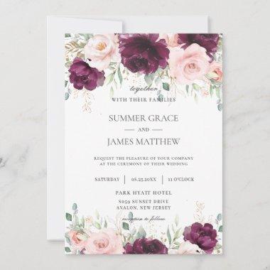 Elegant Dark Raspberry Blush Pink Floral Wedding Invitations