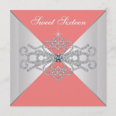 Elegant Diamonds Coral Sweet 16 Birthday Party Invitations