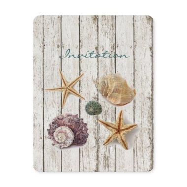 elegant dock wood seashells beach wedding Invitations