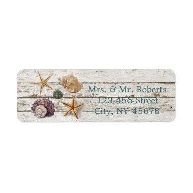 elegant dock wood seashells beach wedding label
