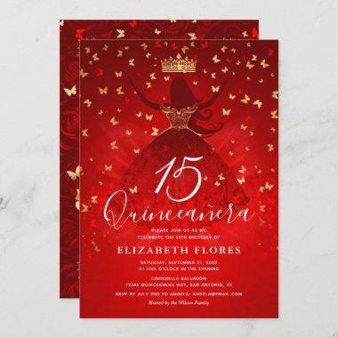 Elegant Dress Crown Red and Gold Quinceanera Invitations