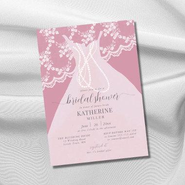 Elegant Dress Lace Pearls Pink Blush Bridal Shower Invitations