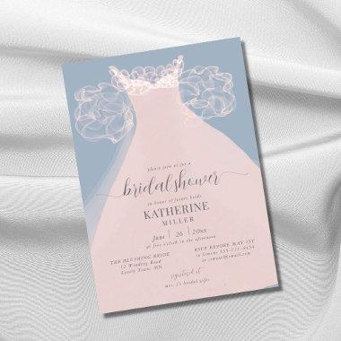 Elegant Dress Ruffles Pink Blue Chic Bridal Shower Invitations