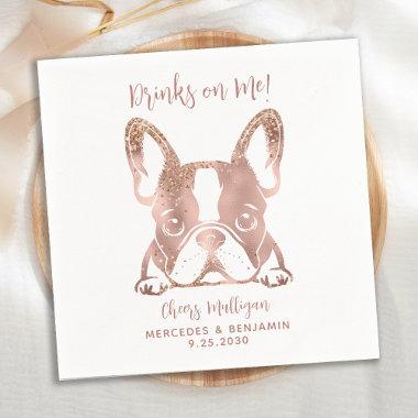 Elegant Drinks On Me French Bulldog Rose Wedding Napkins