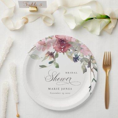 Elegant Dusky Blush Rose Floral Bridal Shower Paper Plates