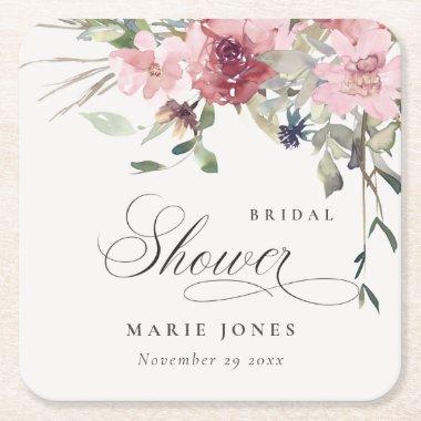 Elegant Dusky Blush Rose Floral Bridal Shower Square Paper Coaster