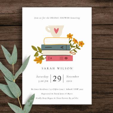 Elegant Dusky Stacked Books Floral Bridal Shower Invitations