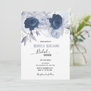 Elegant Dusty and Navy Blue Floral Rose Invitations