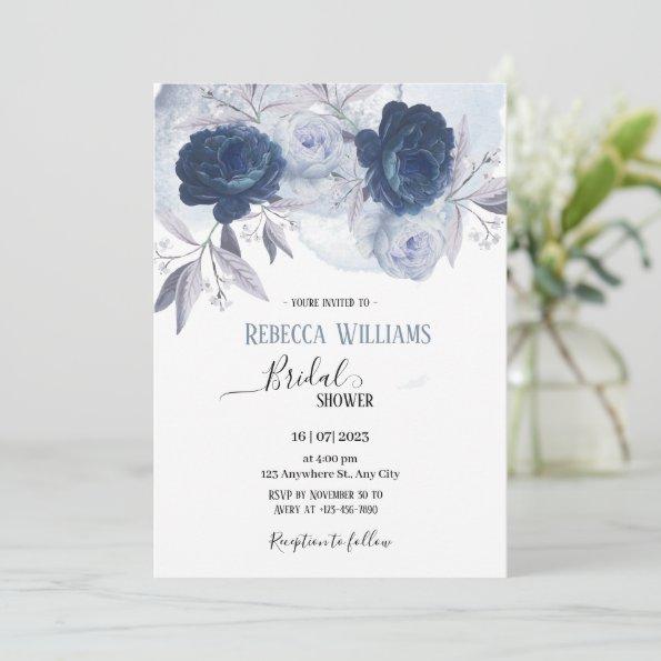 Elegant Dusty and Navy Blue Floral Rose Invitations