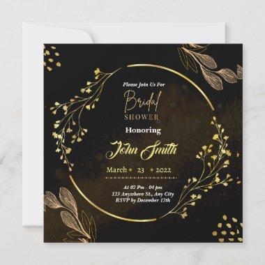 Elegant Dusty Black Gold Flower Bridal Shower Invitations