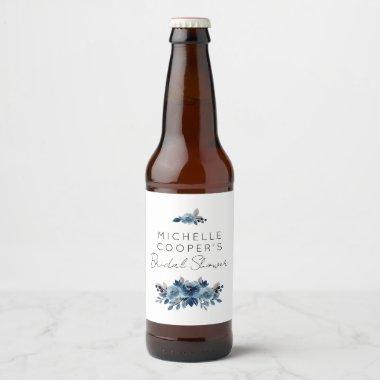 Elegant Dusty Blue and Navy Floral Beer Bottle Label