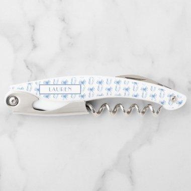 Elegant Dusty Blue Bow Name Waiter's Corkscrew