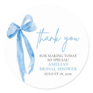 Elegant Dusty Blue Bow Thank you  Classic Round Sticker