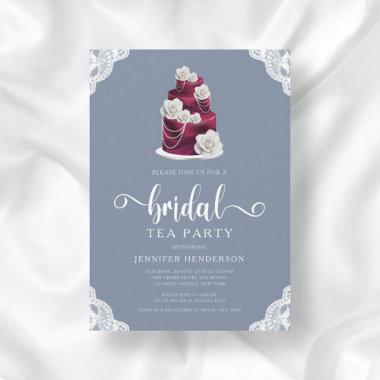 Elegant Dusty Blue Cake And Lace Bridal Tea Party Invitations