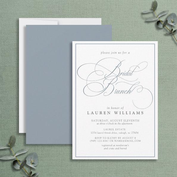 Elegant Dusty Blue Calligraphy Bridal Brunch Invitations