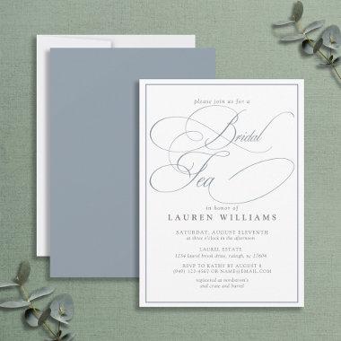 Elegant Dusty Blue Calligraphy Formal Bridal Tea Invitations