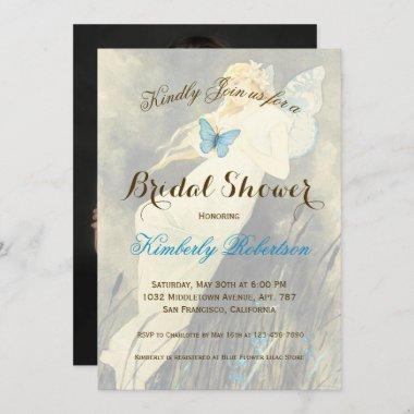 Elegant Dusty Blue Floral Boho Bridal Shower Photo Invitations