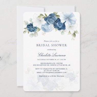 Elegant Dusty Blue Floral Botanical Bridal Shower Invitations