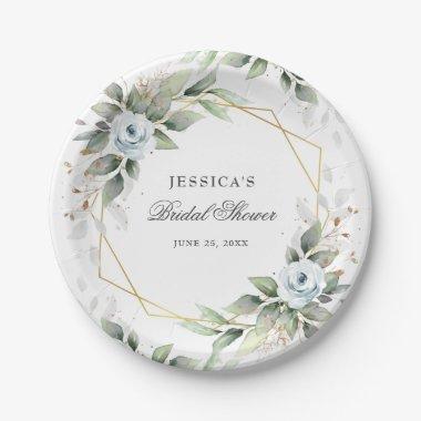 Elegant Dusty Blue Floral Greenery  Paper Plates