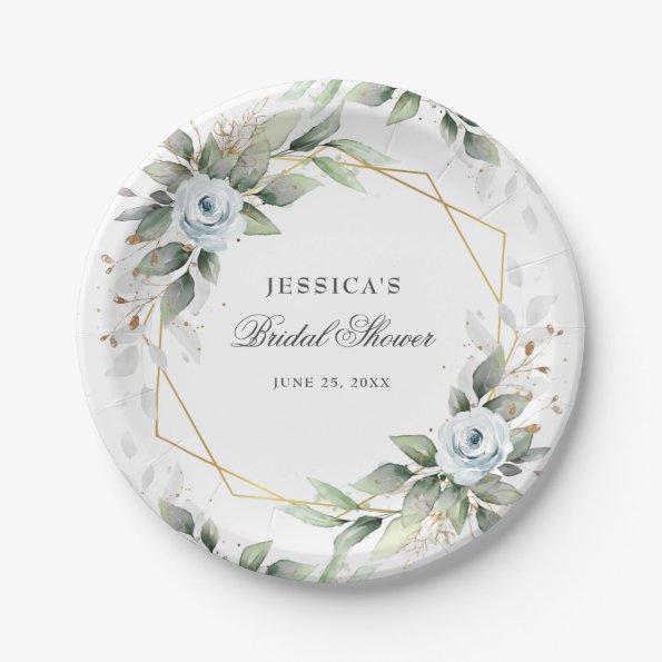 Elegant Dusty Blue Floral Greenery  Paper Plates