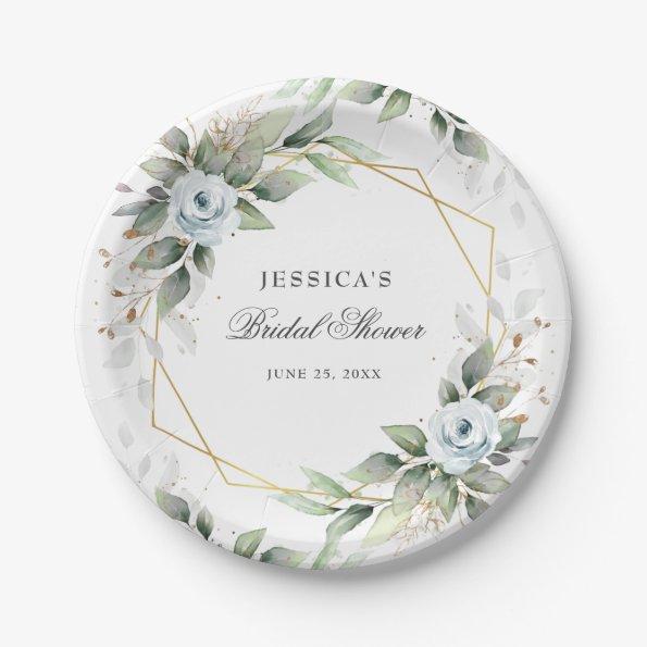 Elegant Dusty Blue Floral Greenery Bridal Shower Paper Plates