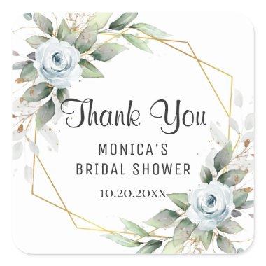 Elegant Dusty Blue Floral Greenery BRIDAL SHOWER Square Sticker